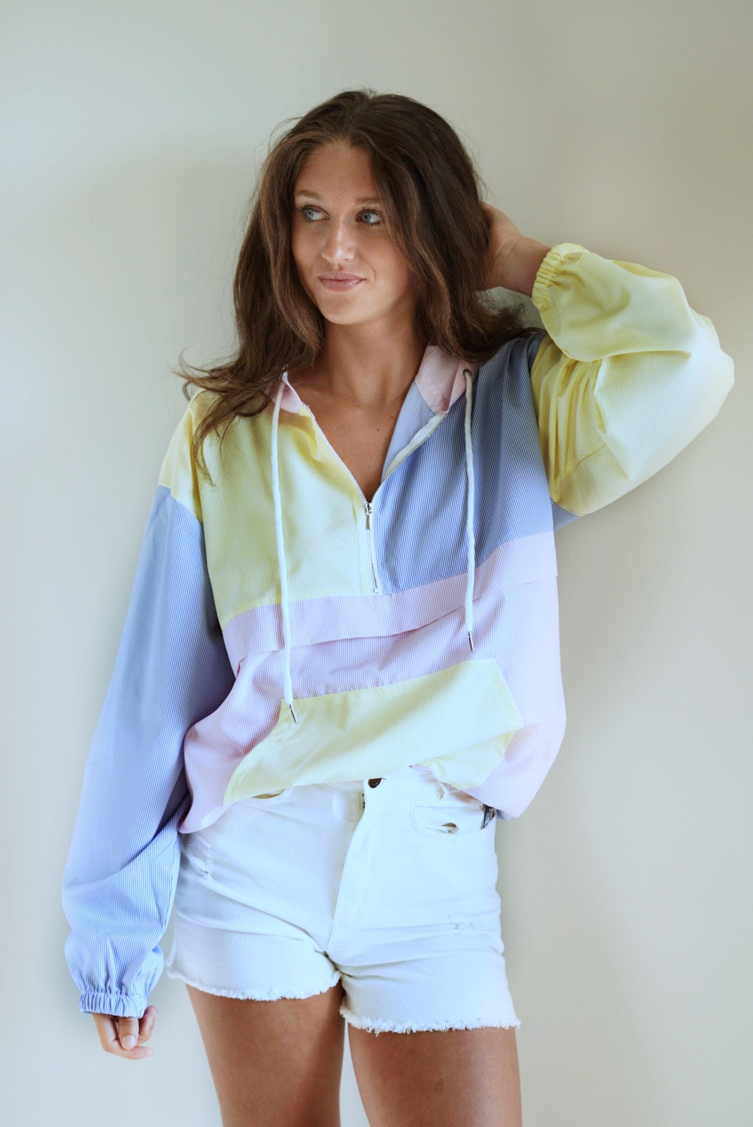 Posie Preppy Color Block Zip Up Hoodie Half Zip Up Strip Long Sleeves Drawstring Hood Pastel Color Block Detail Full Length Wind Breaker 100% Polyester Hand Wash Cold, Do Not Bleach, Hang Dry Model is wearing size small
