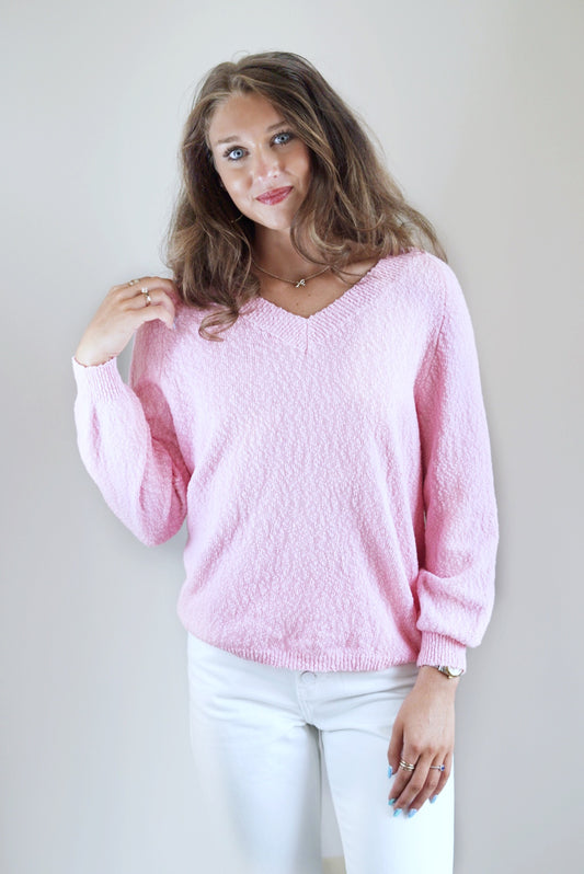 Poppi Popcorn V-Neckline Sweater Wide V-Neckline Long Cuffed Sleeves Bubble Gum Pink Color Popcorn Material Full Length Relaxed Fit 100% Cotton
