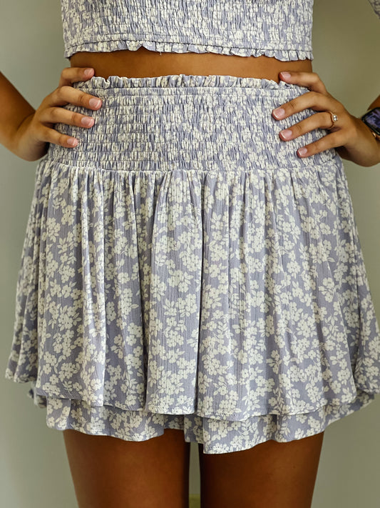 Aulexus Printed Smocked Waist Ruffle Layered Skort