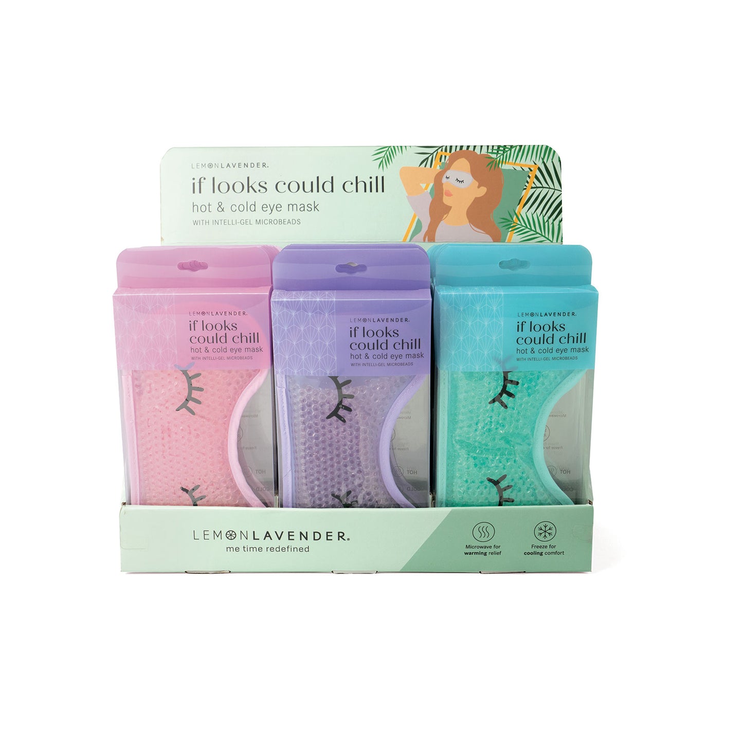 Set of pastel colored eye masks with eyelashes printed on them and gel beads on the inside of the eye masks
