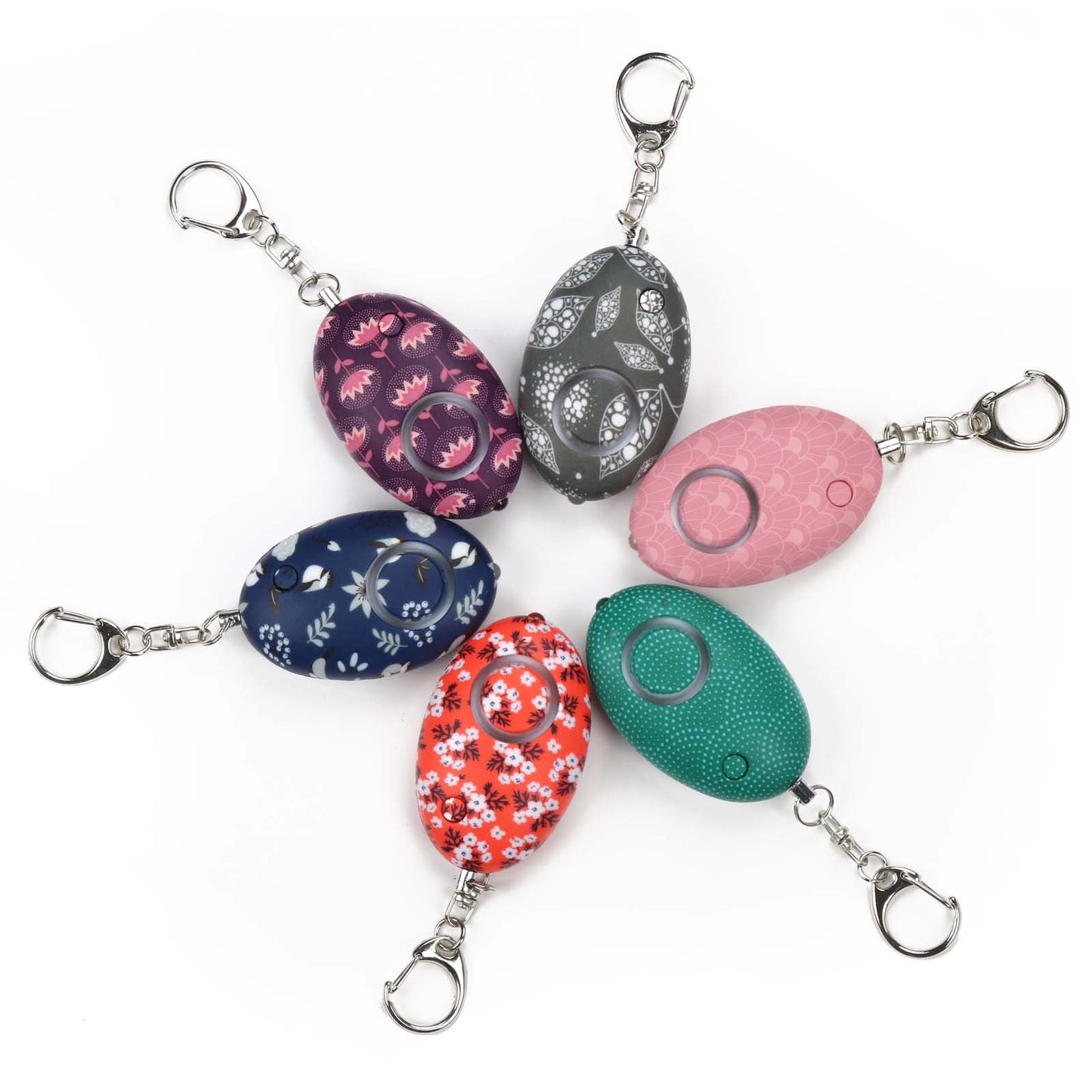 Multi-colored alarms with a silver keychain and button