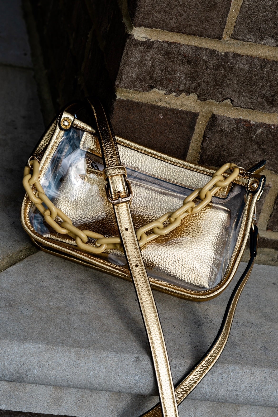 Jessica Clear Stadium Purse Colored Trim Colored Removable Strap Colored Plastic Chain Small Removable Zipper Insert to Match Approx. 8 1/2 in X 5 in gold color