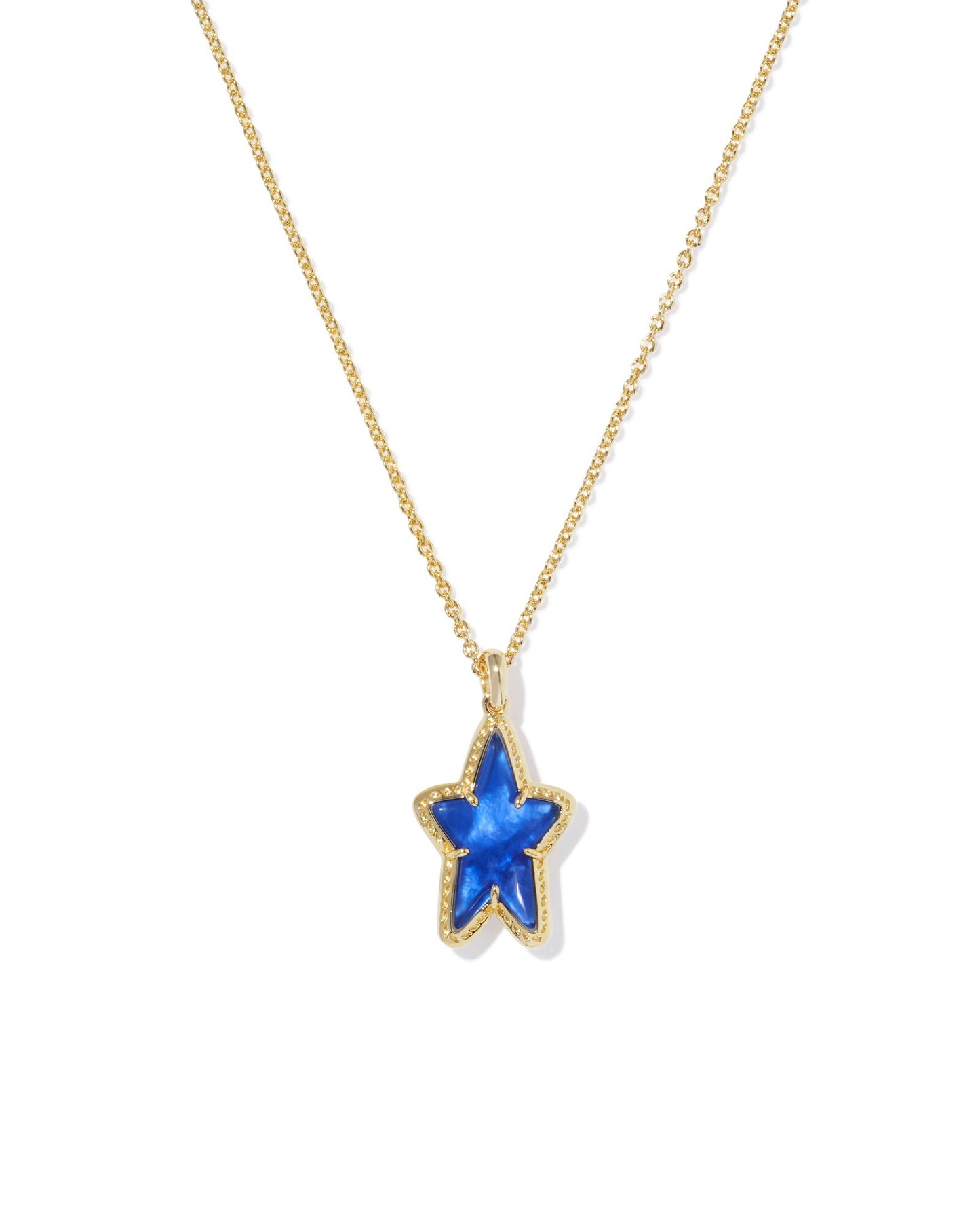 gold necklace with a star pendant that has a cobalt illusion stoned center, size is 19' CHAIN, 0.76"L X 0.48"W PENDANT