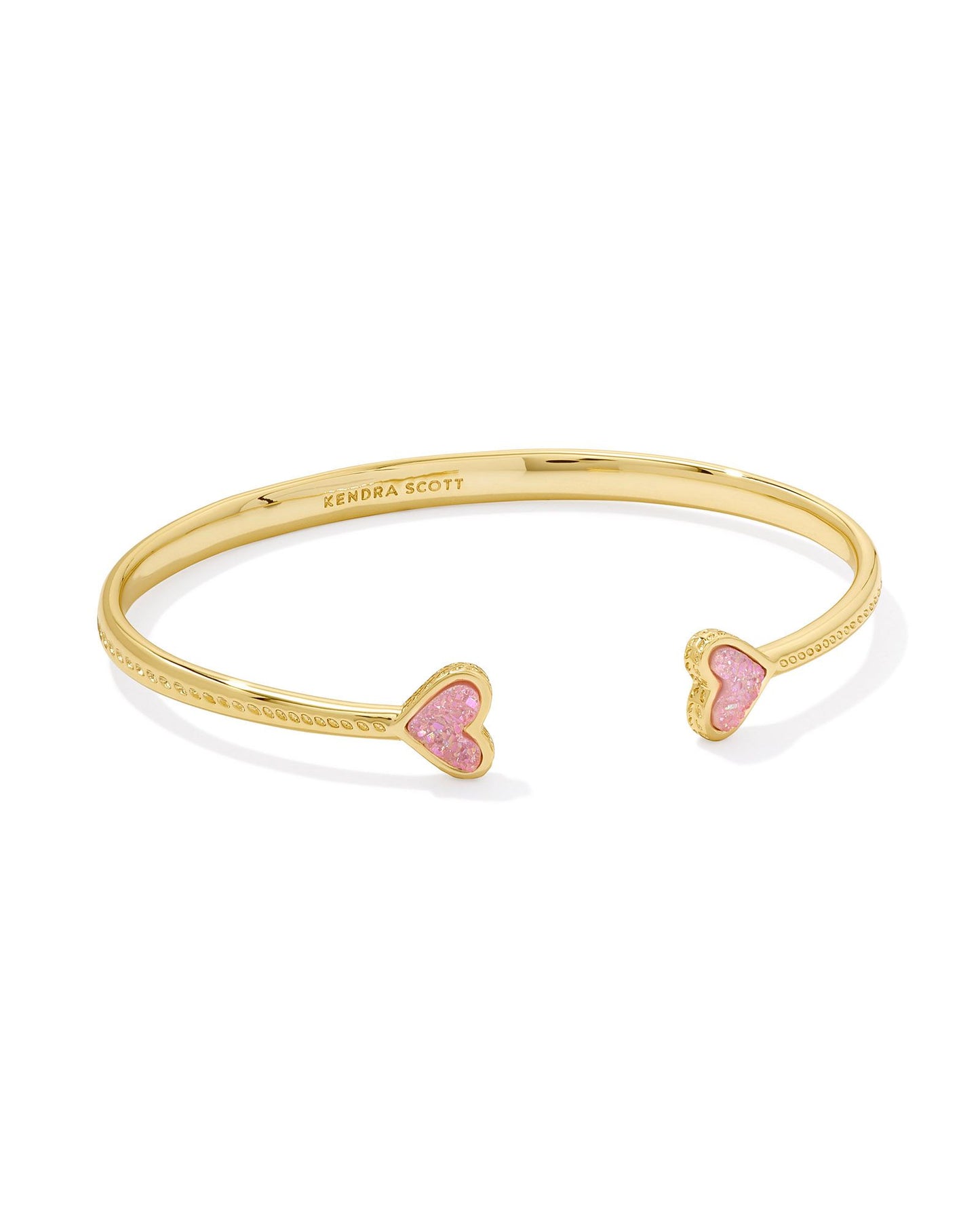 gold cuff bracelet with two hearts with light pink drusy stone centers