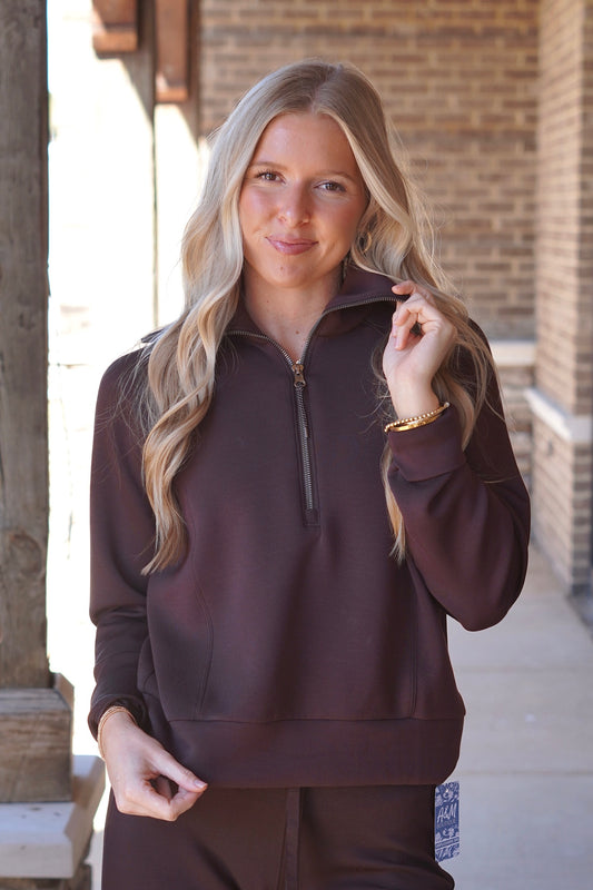 Spanx AirEssentials Half Zip, Collar Neckline, Long Sleeve, Truffle Brown