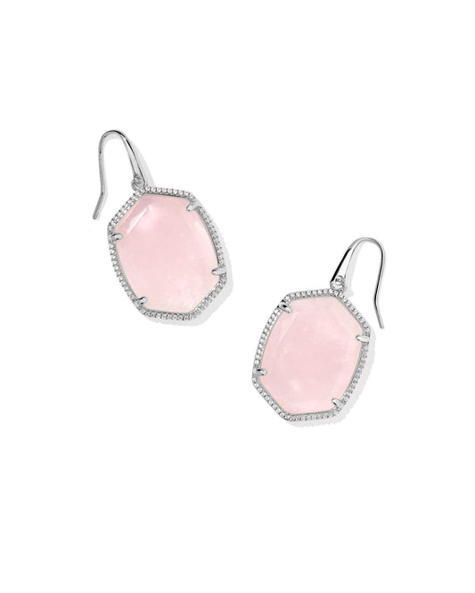 silver Pave Frame Drop Earrings with pink oval pendant