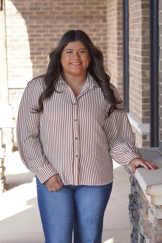 Brown and white striped button up top with scalloped trim