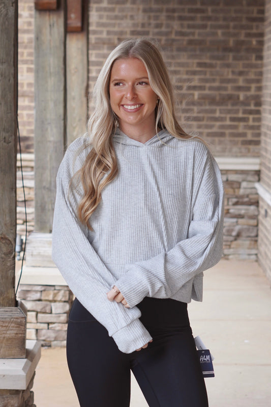 Kylie Casual Cropped Ribbed Hoodie, Hooded Neckline, Long Sleeves, Cropped Length, Ribbed Material, Colors: Grey, Relaxed Fit