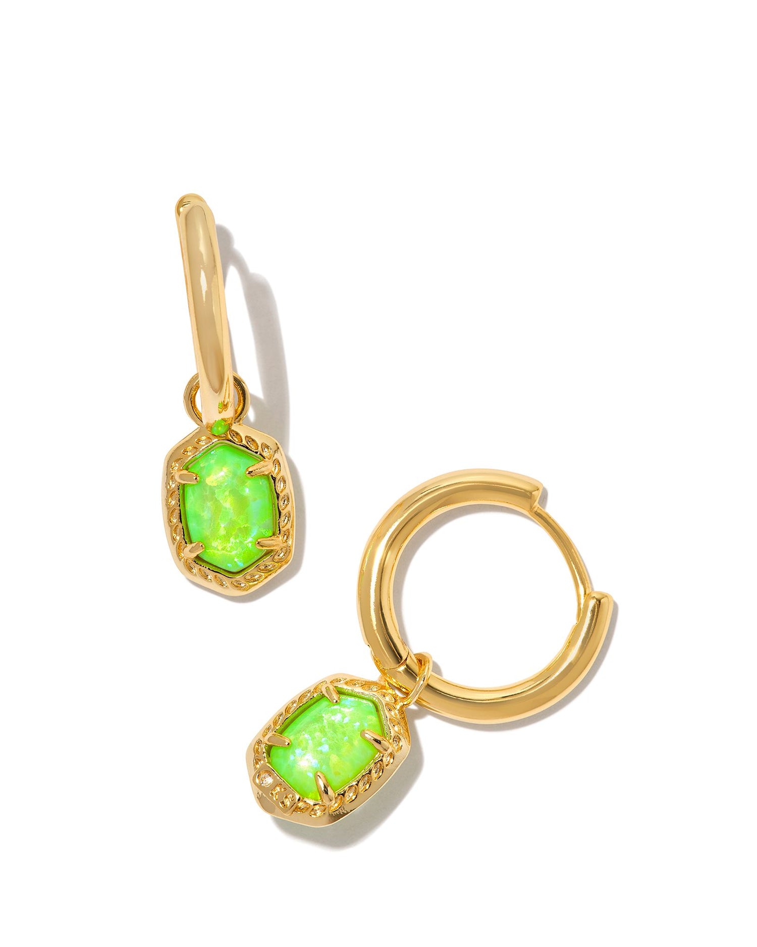 gold huge earring with a bright green stone charm, size is 0.58' OUTSIDE DIAMETER, 0.53"L X 0.3"W CHARM