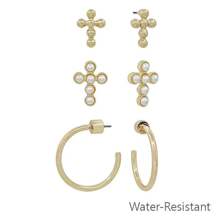 Water Resistant Set Of 3 Gold Cross, Hoop, And Pearl Cross Earrings