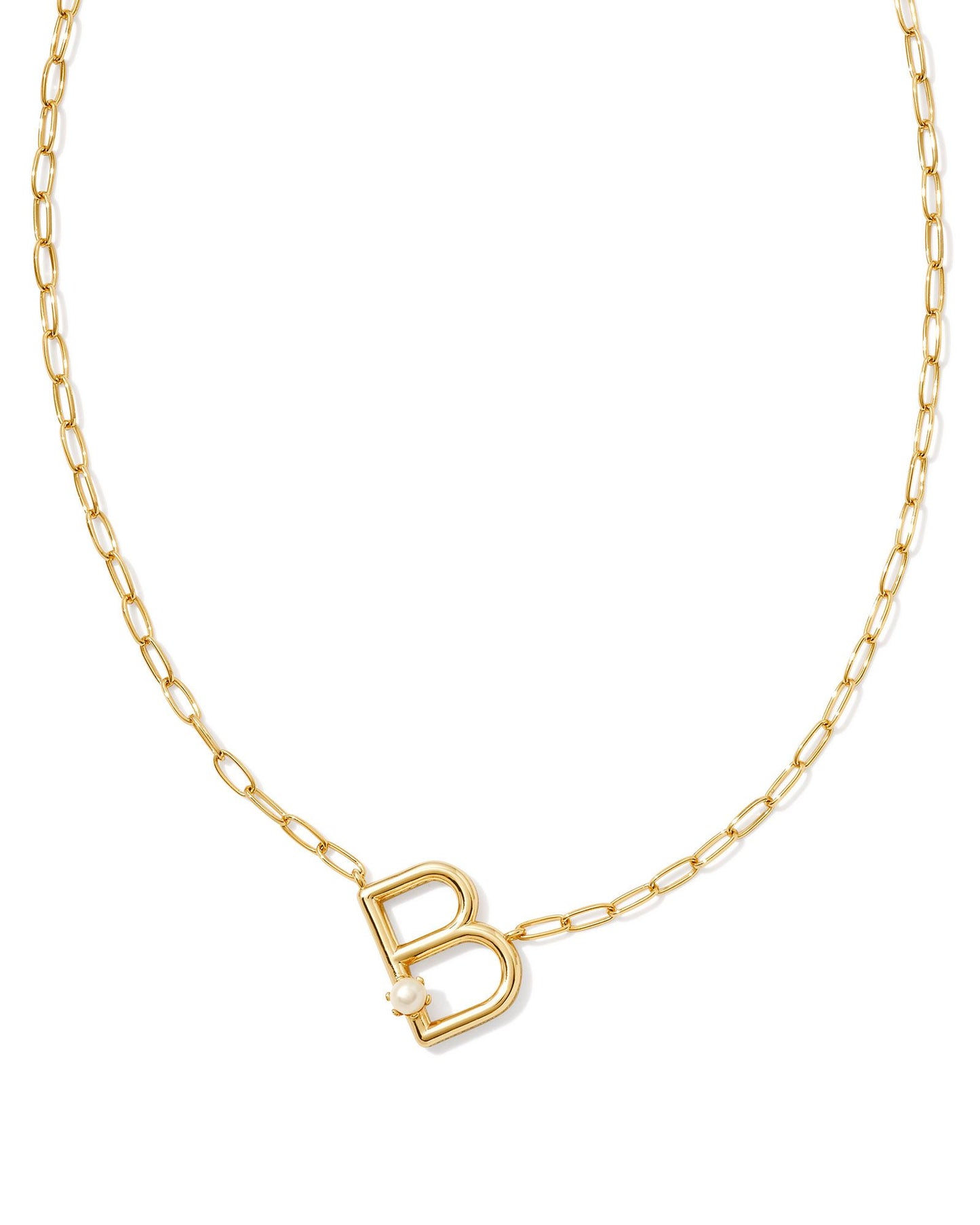 gold necklace with an initial pendant that has a singular pearl stud on it. initial B