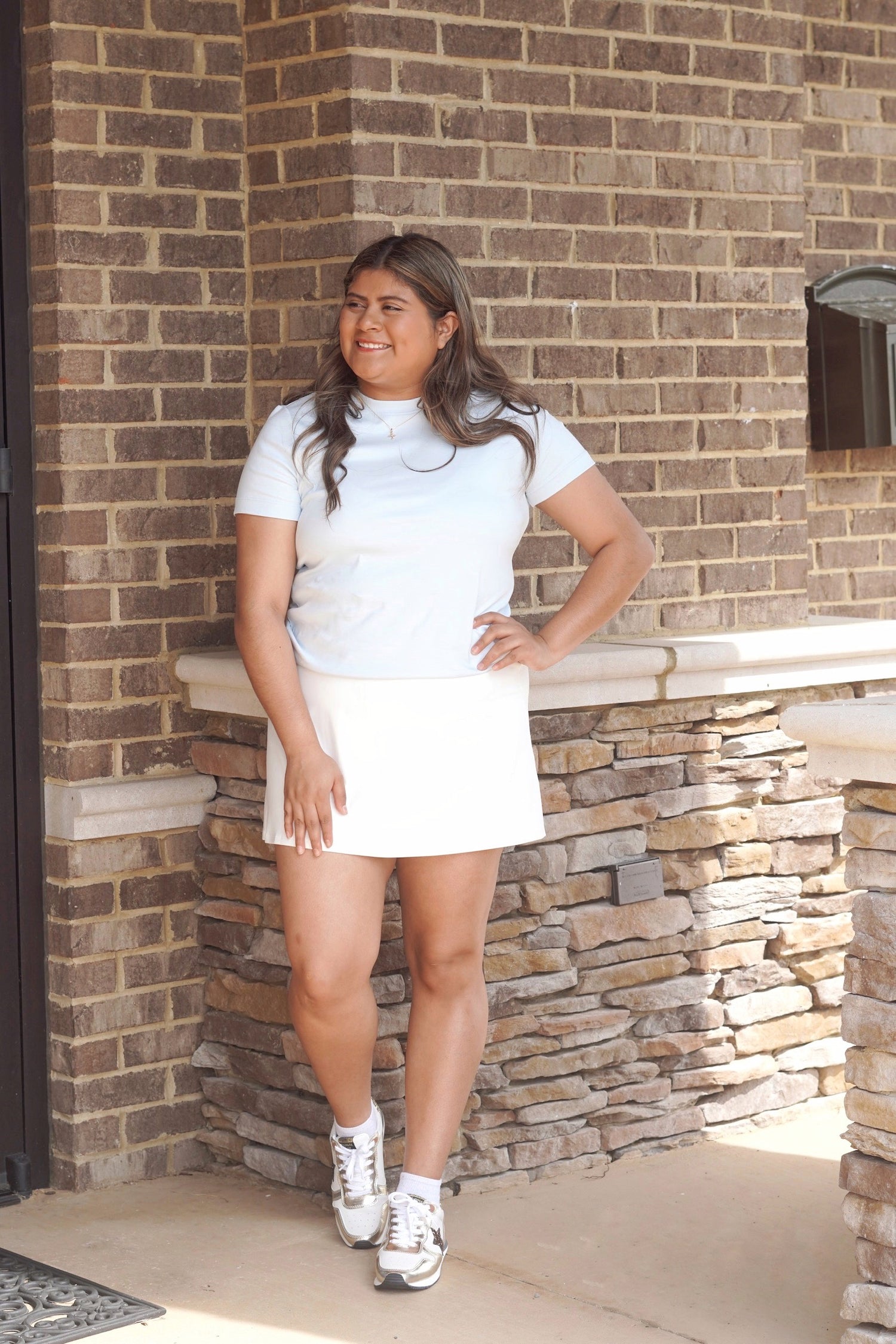 sky blue striped t-shirt, crew neckline, short sleeve, waistline length, relaxed fit. 