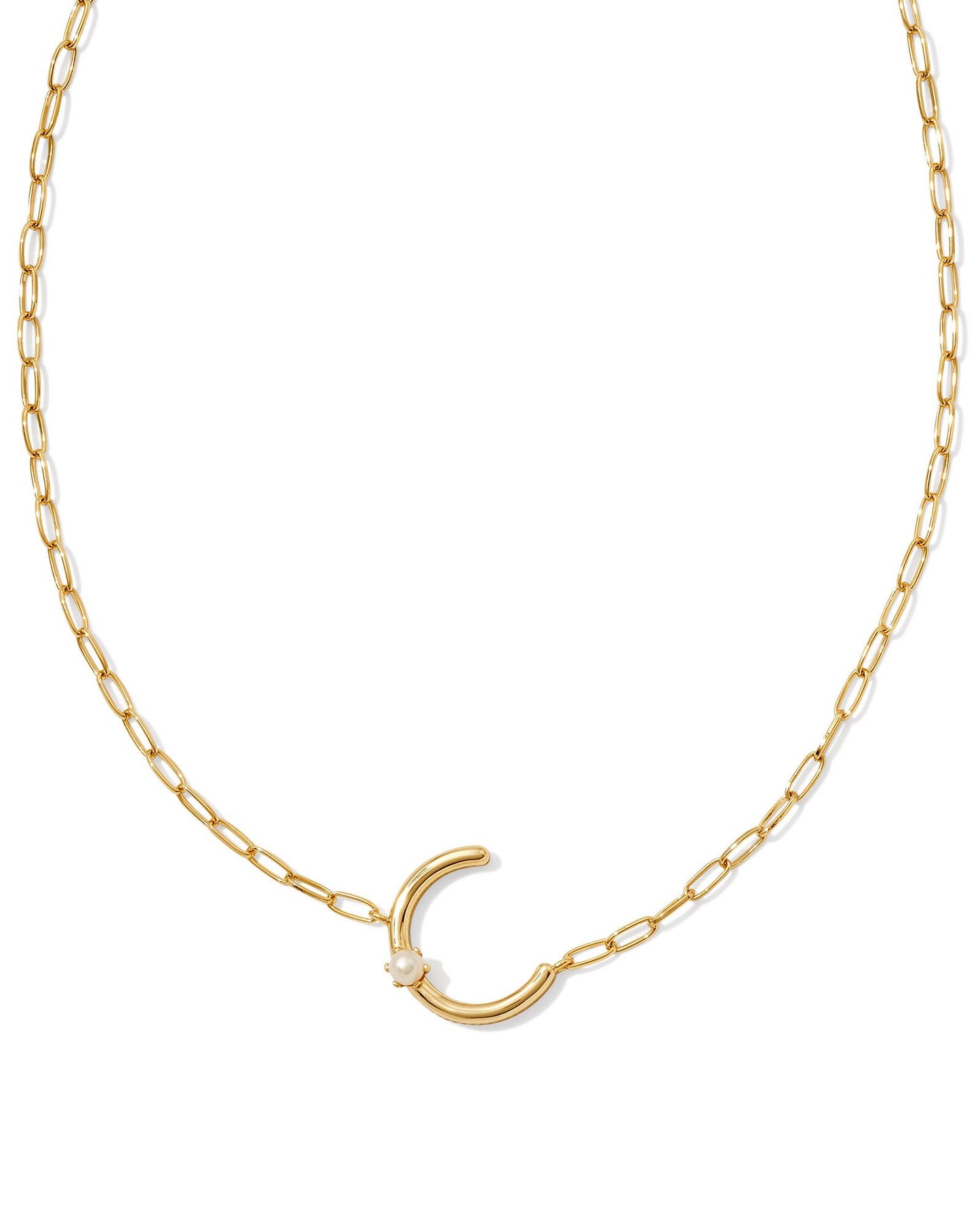 gold necklace with an initial pendant that has a singular pearl stud on it. initial C