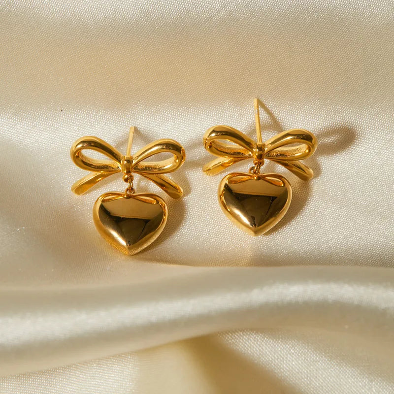Stainless Steel Gold Open Bow with Puffy Heart Drop Earring