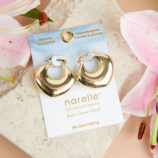 Gold Round Geo Hoop Earrings. 