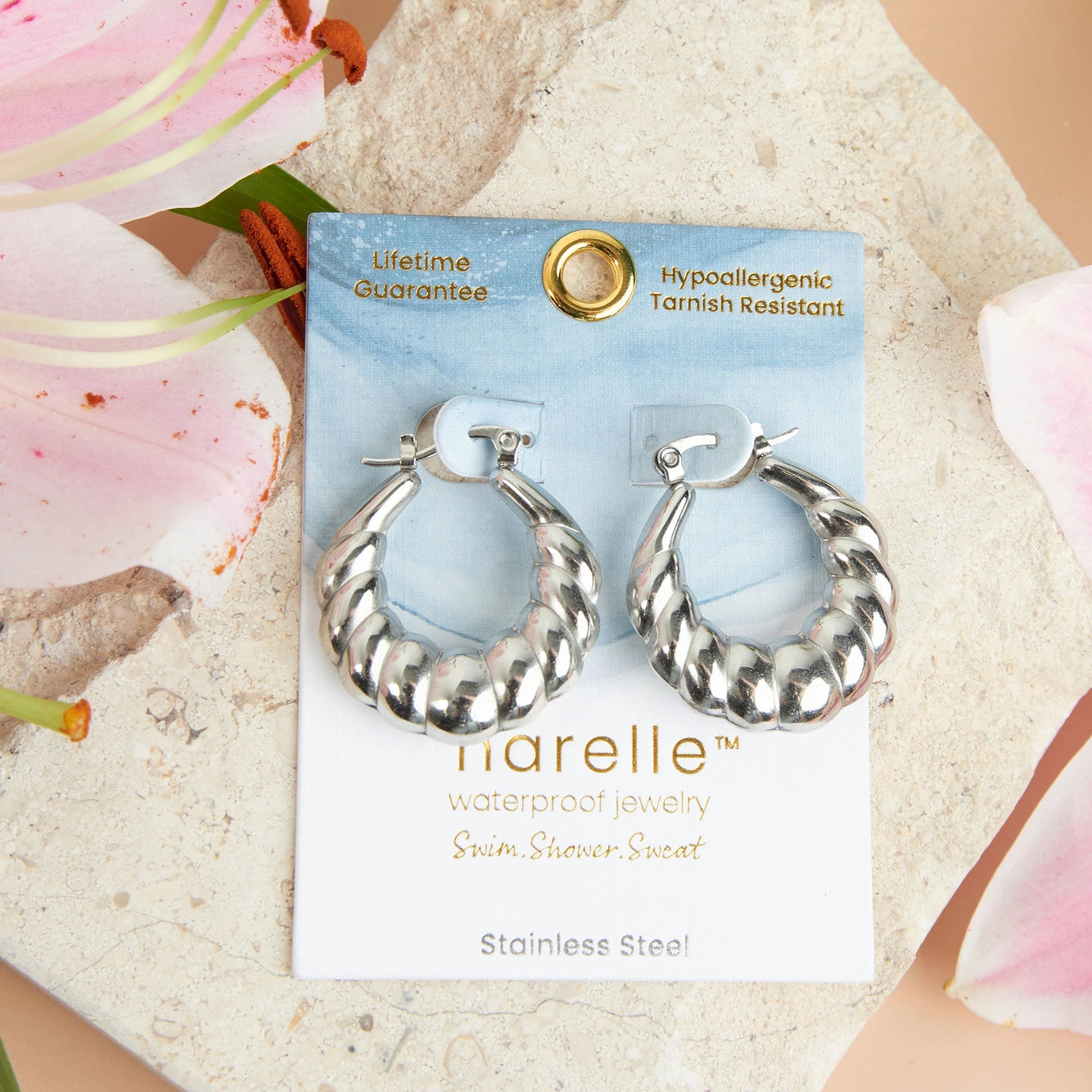 Silver Chunky Hoop Earrings with Twist Detail, Latch Back