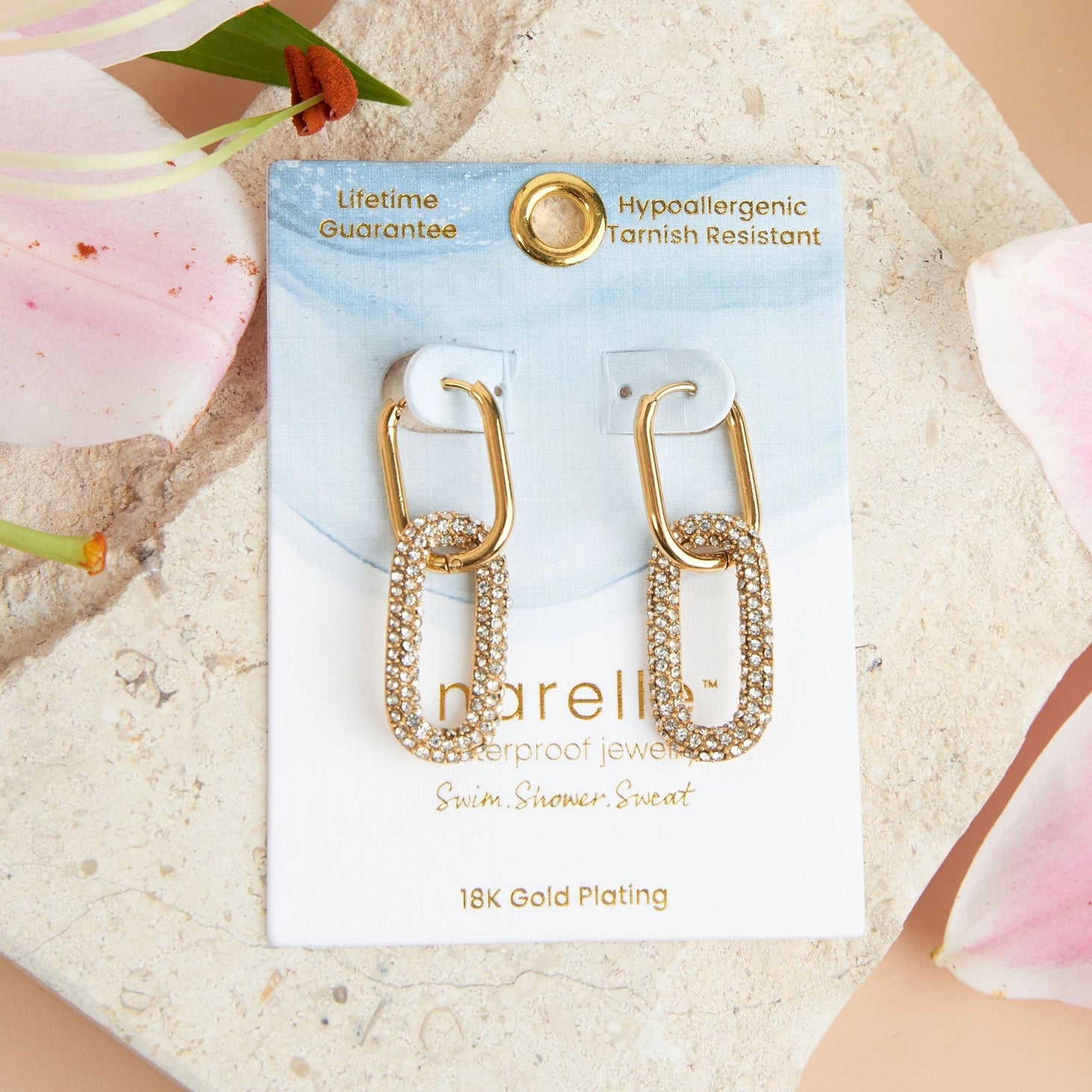 Gold Pave Linked Hoop Earrings with embedded gemstones. 