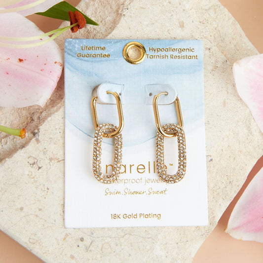 Gold Pave Linked Hoop Earrings with embedded gemstones. 