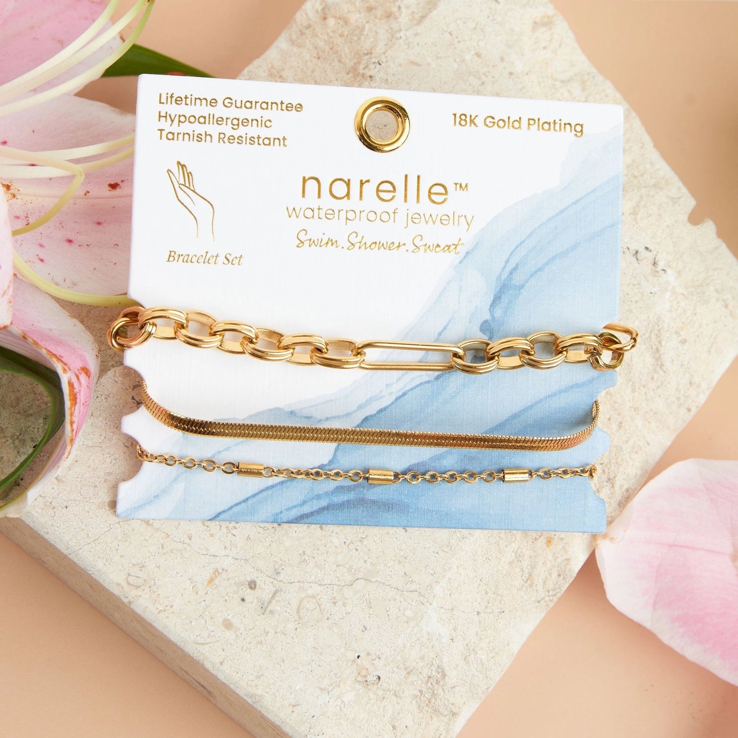 Snake Chain Bracelet Set offers three gold bracelets in trendy Paper Clip, Snake, and Dainty Chain designs.