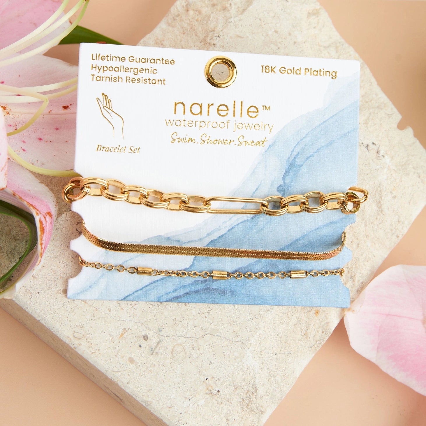 Snake Chain Bracelet Set offers three gold bracelets in trendy Paper Clip, Snake, and Dainty Chain designs.