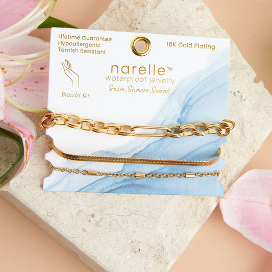 Snake Chain Bracelet Set offers three gold bracelets in trendy Paper Clip, Snake, and Dainty Chain designs.