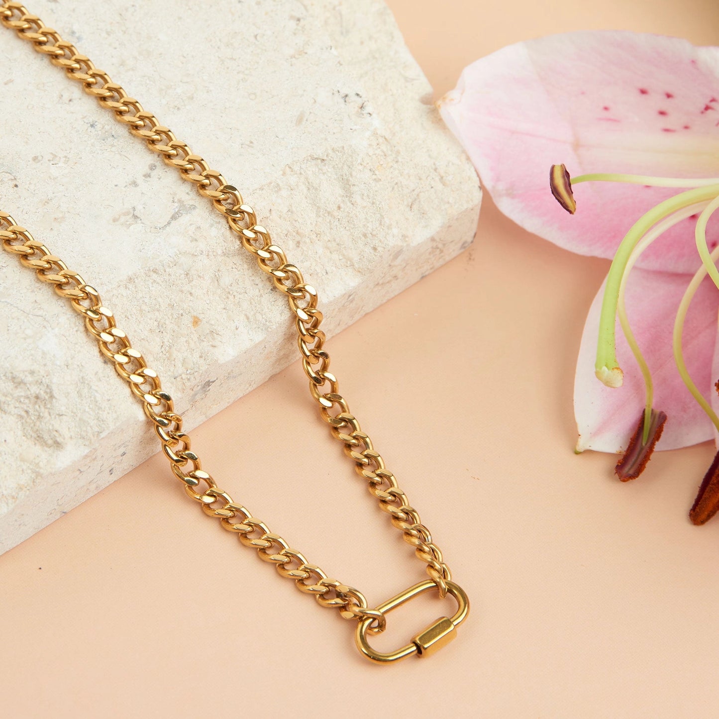 chain with functional carabiner in a classic gold