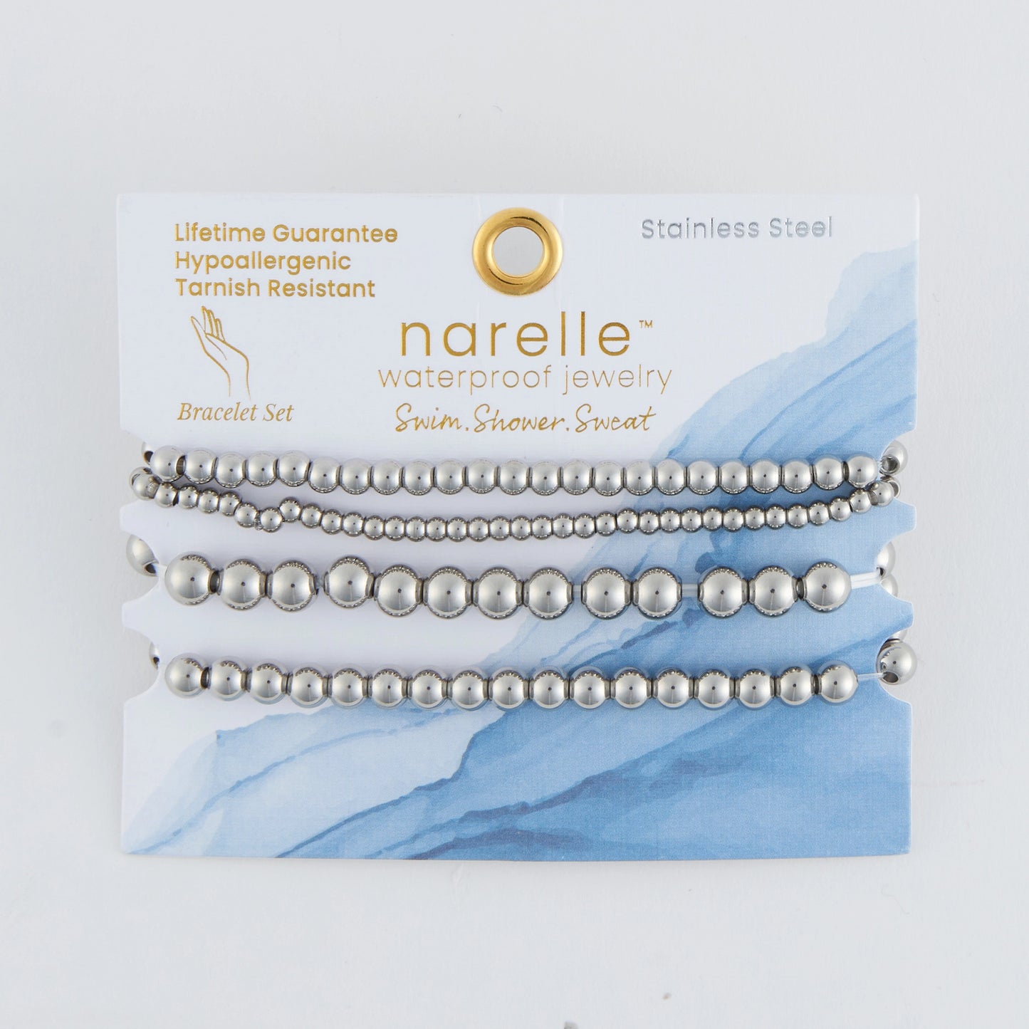 Sliver 4-piece set includes four stretch-fit beaded bracelets in varying ball sizes, 