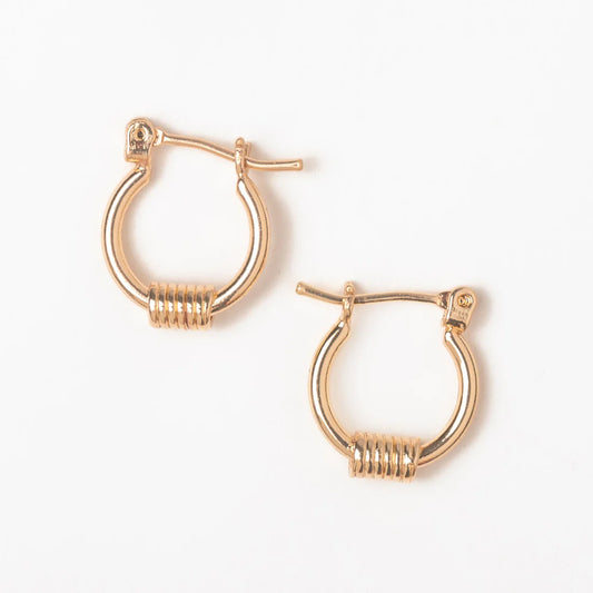 gold hoop earrings with a coiled design. 
