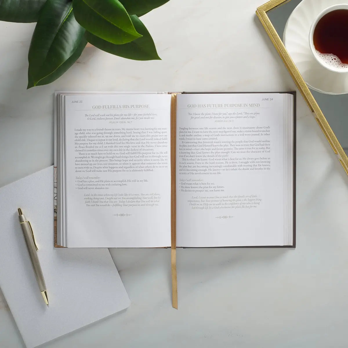 Minimalistic home cover design, Gold-foiled title, Hardcover,  Two-color interior, Satin ribbon marker, 392 gilt-edged pages, 365 devotions