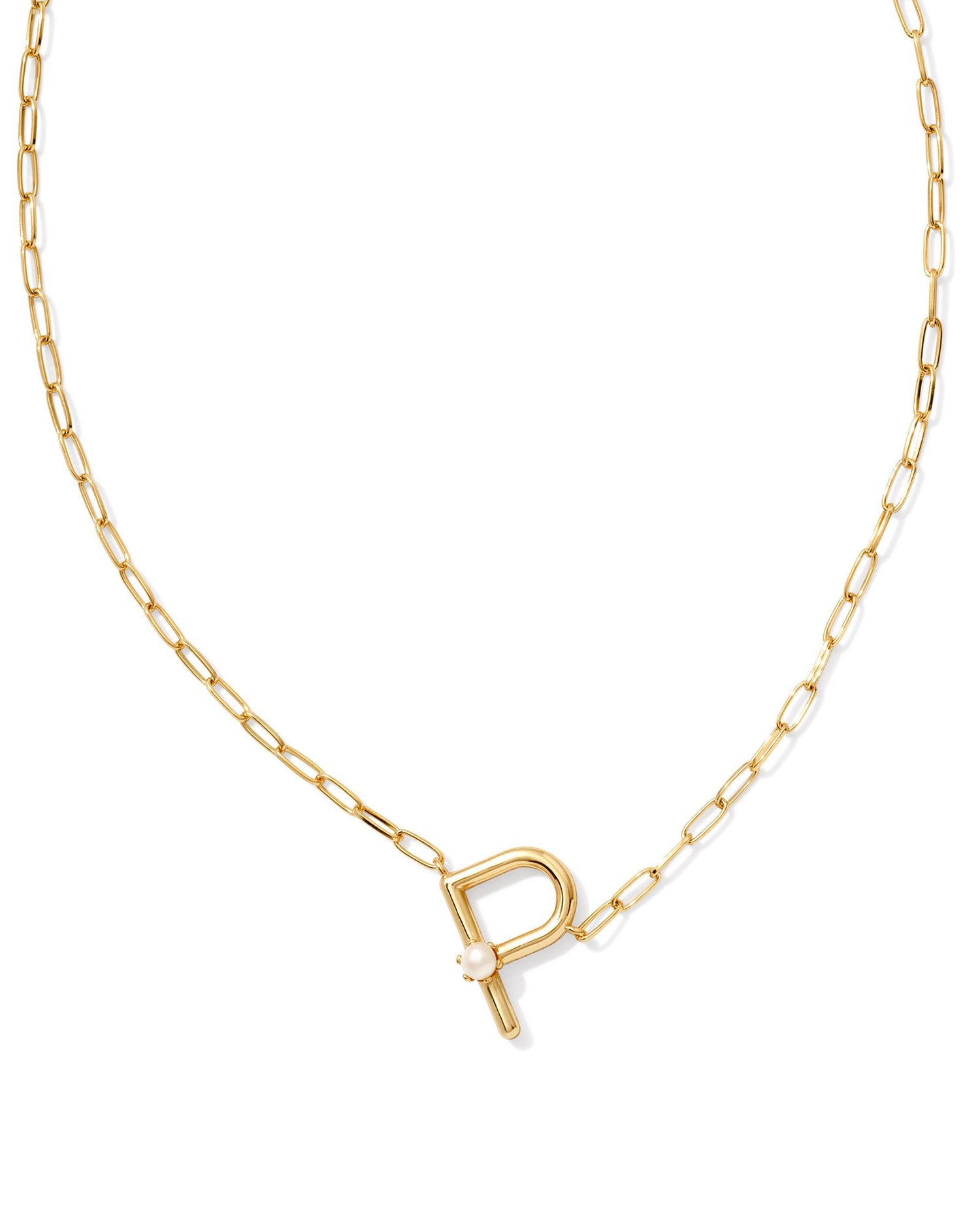 gold necklace with an initial pendant that has a singular pearl stud on it. Initial P