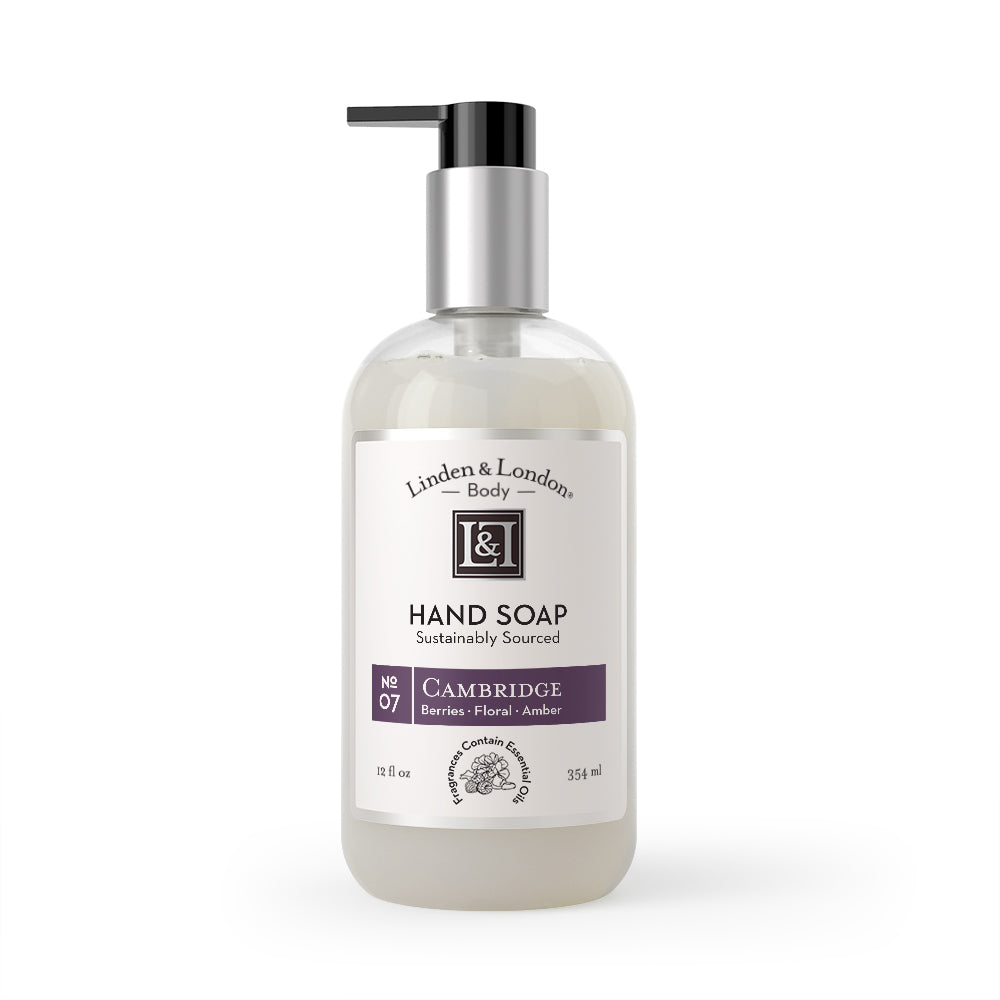 Cambridge Hand Soap: Berries, Floral, Amber, Clear Bottle, Black Dispenser, 12 fluid ounces, Linden and London