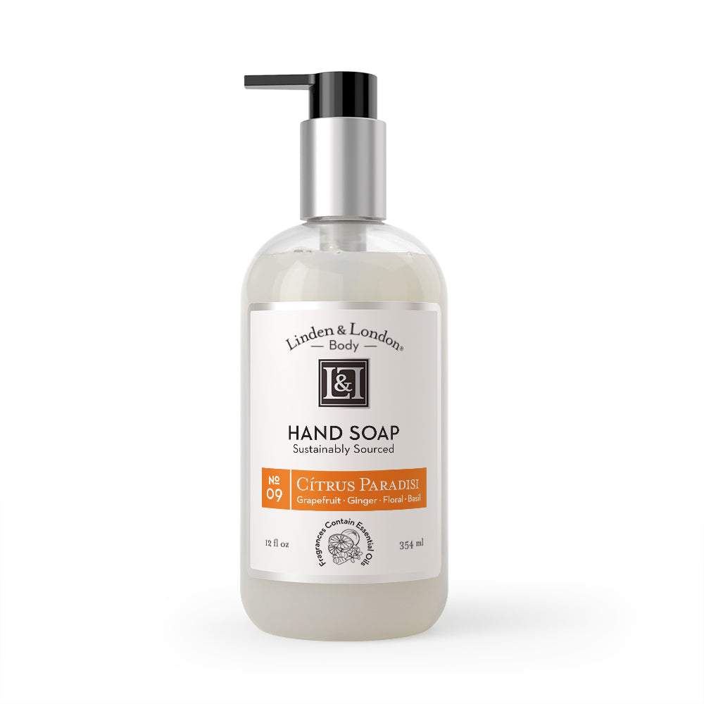 Citrus Paradisi Hand Soap: Grapefruit, Ginger, Floral, Basil, Clear Bottle, Black Dispenser, 12 fluid ounces, Linden and London