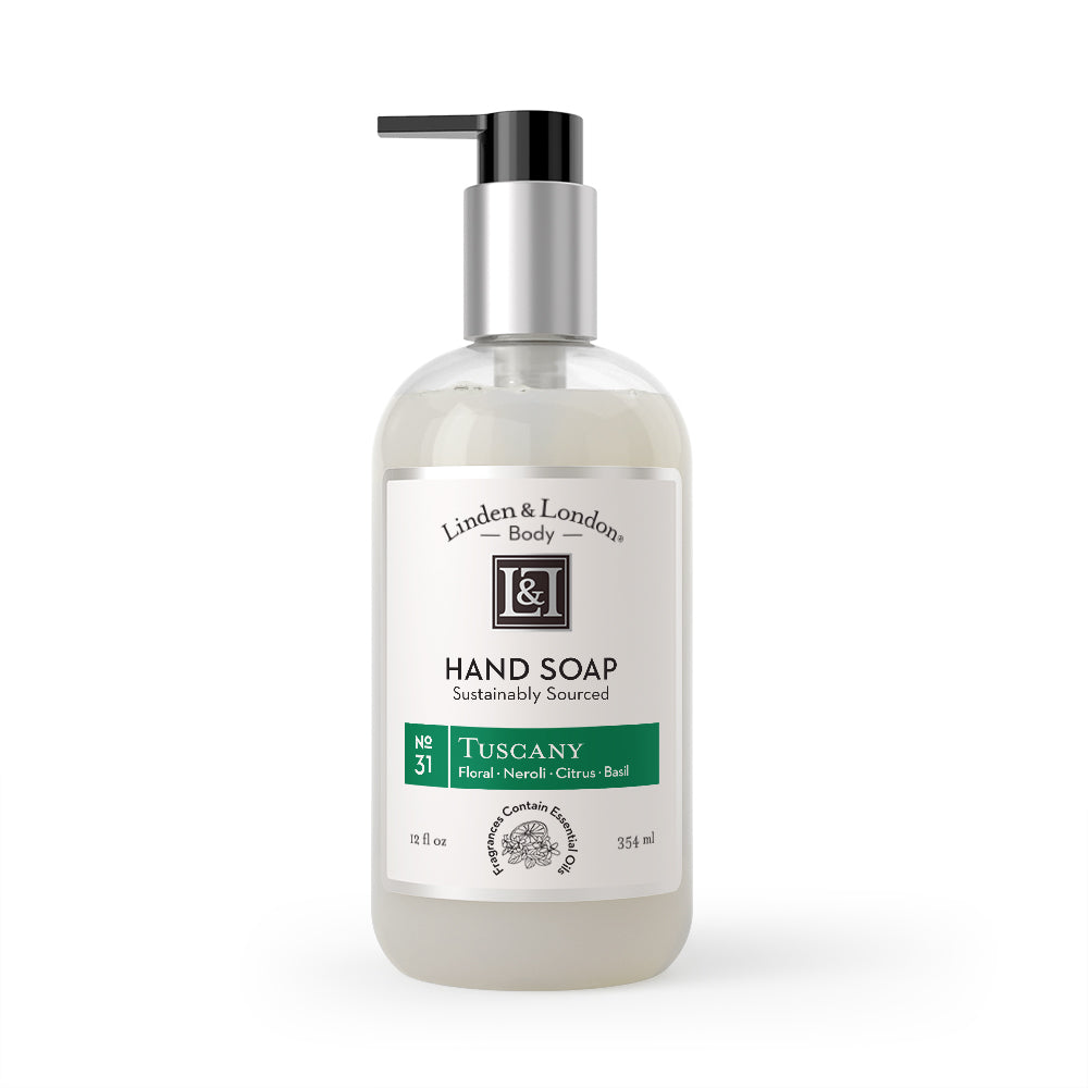 Tuscany Hand Soap: Floral, Neroli, Citrus, Basil, Clear Bottle, Black Dispenser, 12 fluid ounces, Linden and London
