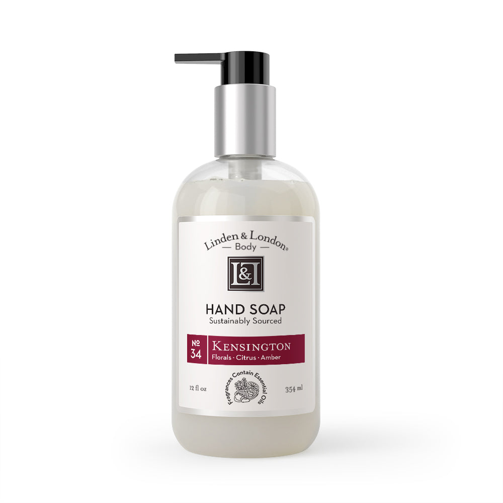 Kensington Hand Soap: Florals, Citrus, Amber, Clear Bottle, Black Dispenser, 12 fluid ounces, Linden and London