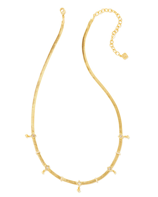 The on-trend herringbone chain goes glam in the Gracie Gold Chain Necklace in White Crystal. Princess-cut crystals stud this classic chain with dainty diamond-shaped drops, adding a fun touch of texture. Paired with your favorite pendant, this necklace is the vintage touch your stack has been needing.