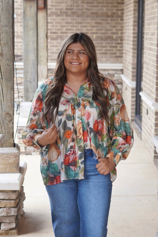Farrah Forest Bloom Long Sleeve Blouse, Button Down, Long Sleeves, Sheer Fabric, Floral Print, Colors: Sapphire, Relaxed Fit, Full Length. 