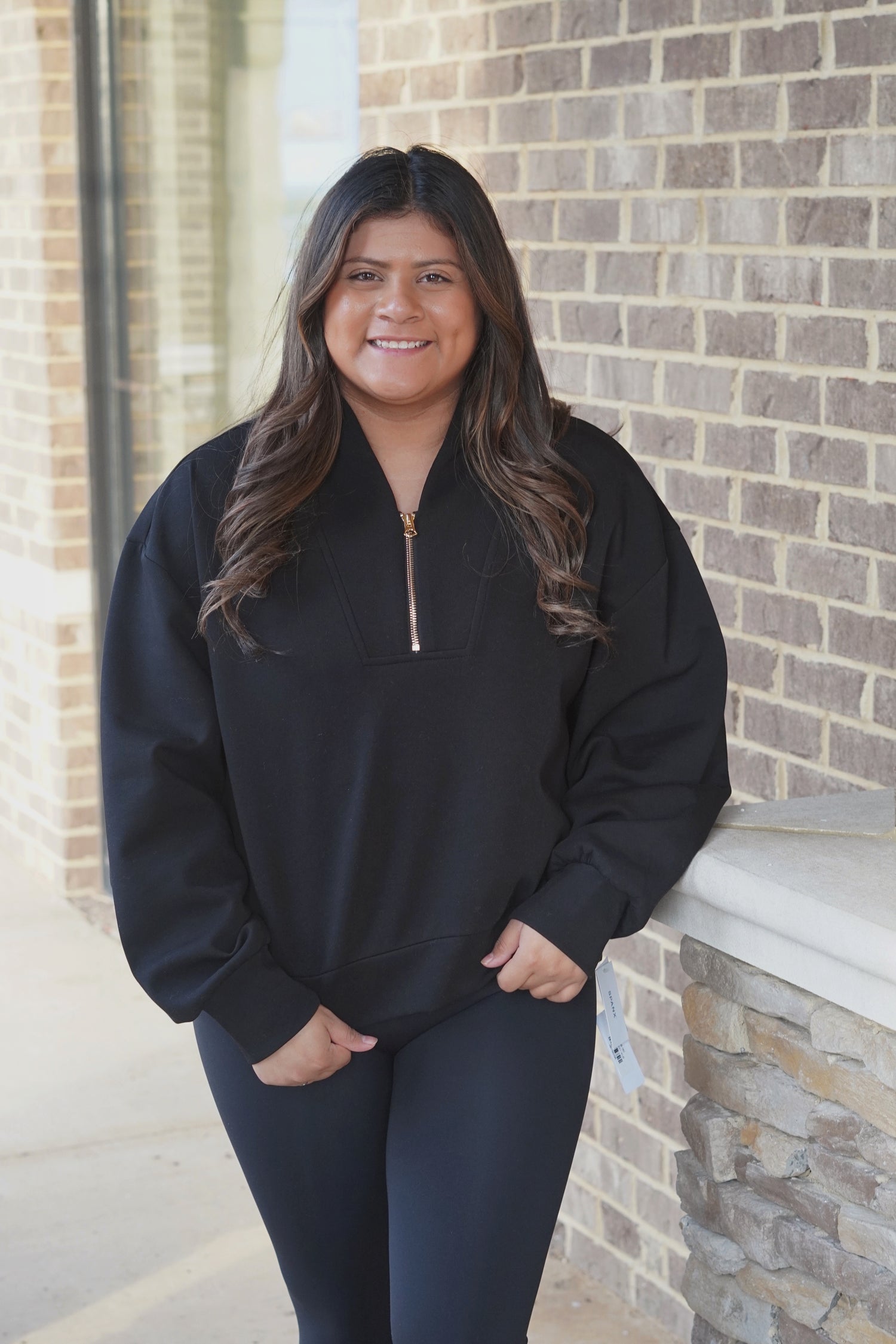 Half Zip Pullover, Gold Zipper, Full Length, Long Sleeves, Black