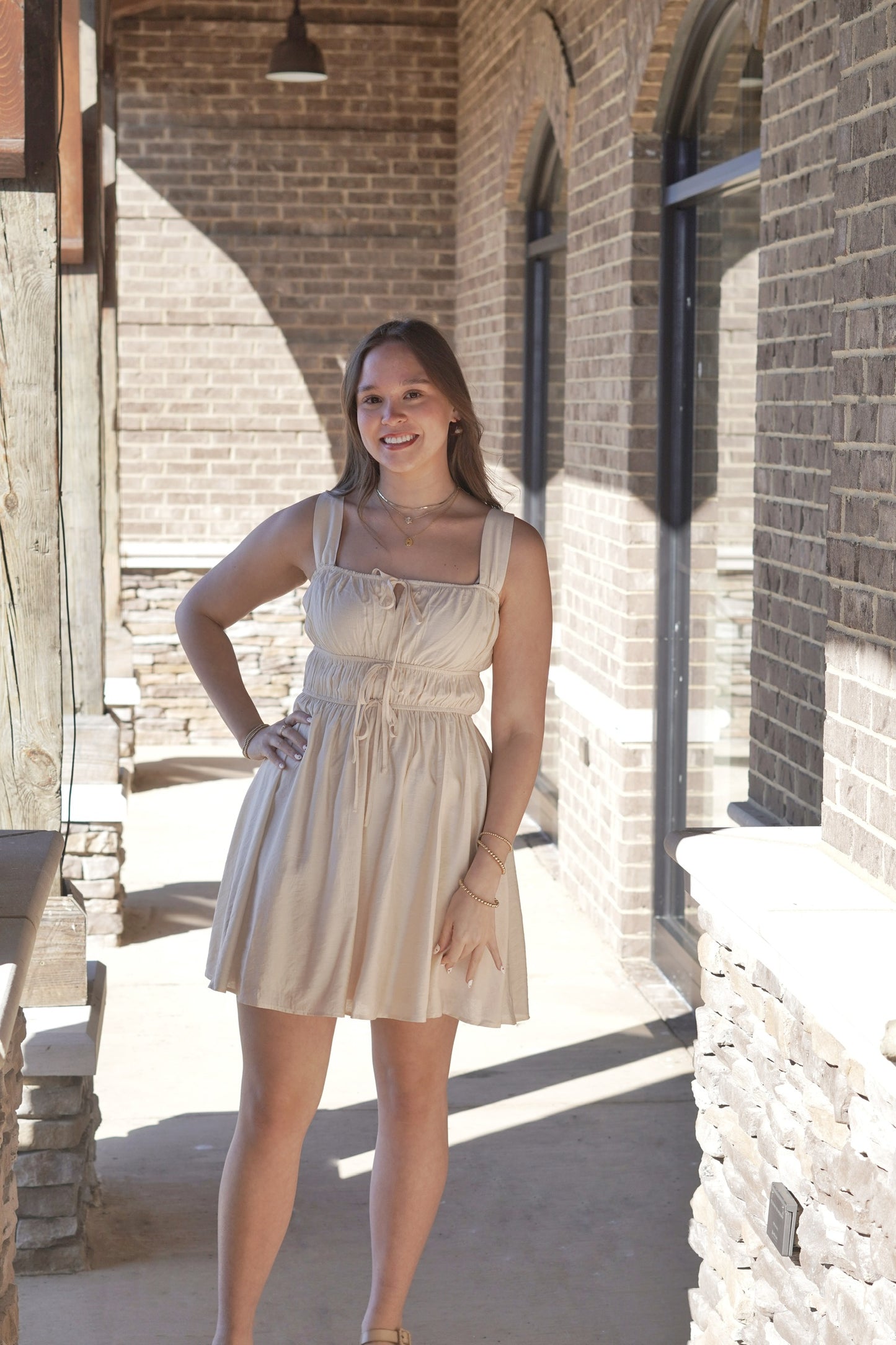 Ivory Dress, Square Neck, Bow Detailed Ties In Front, Scrunches At Waist, Mid-Thigh Length, Sleeveless