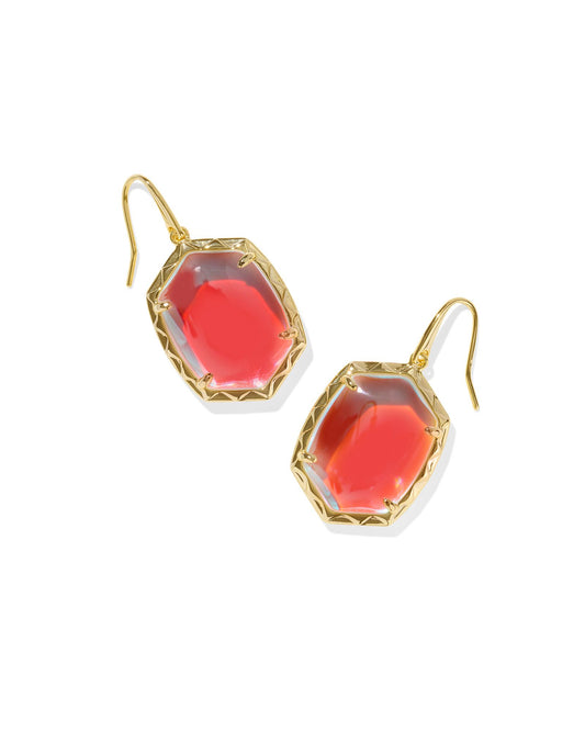 Gold Drop Earrings with Sunset Orange/Red Pendant