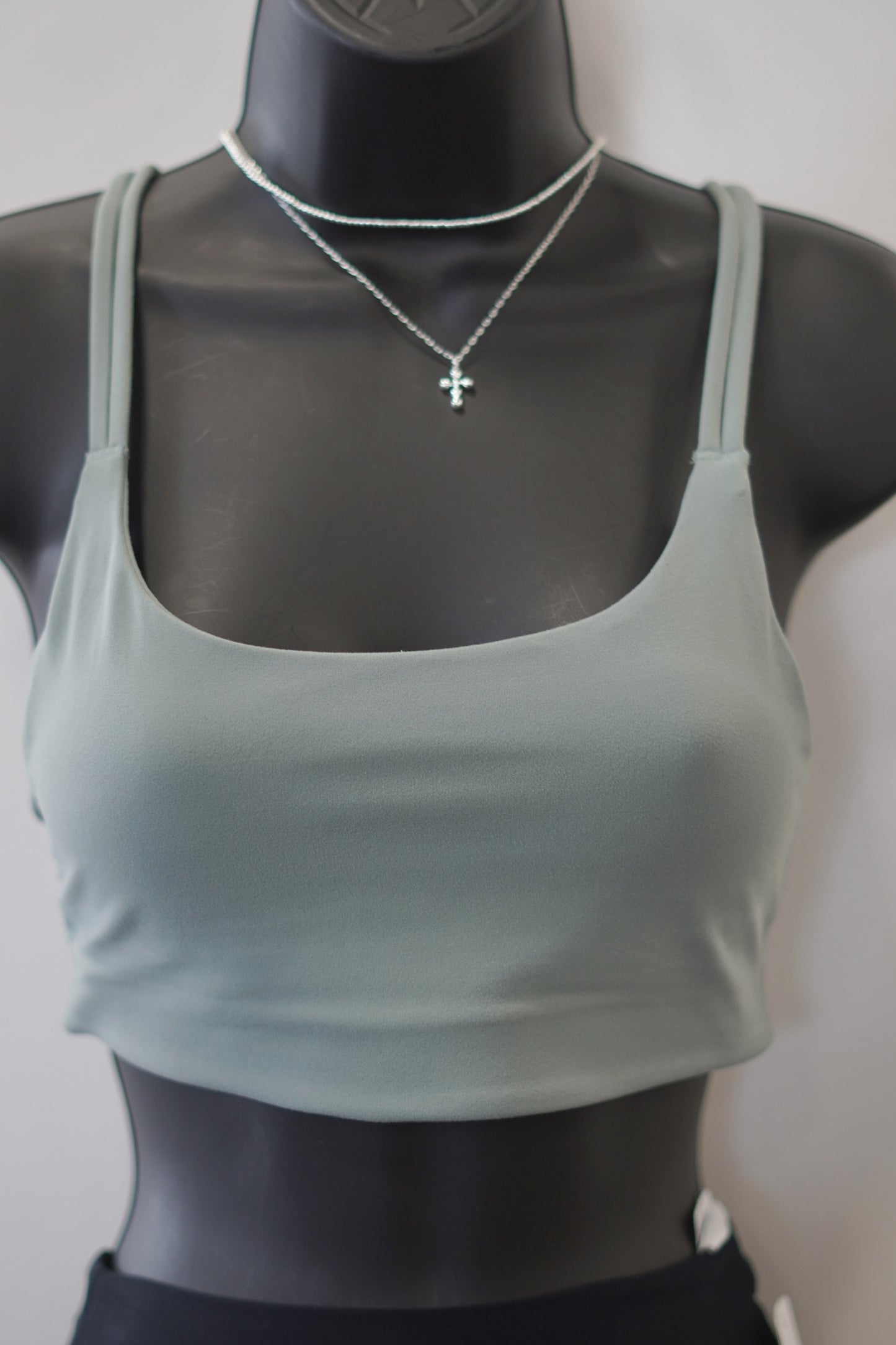 fennel color sport bra, scoop neckline, dig-free straps. 