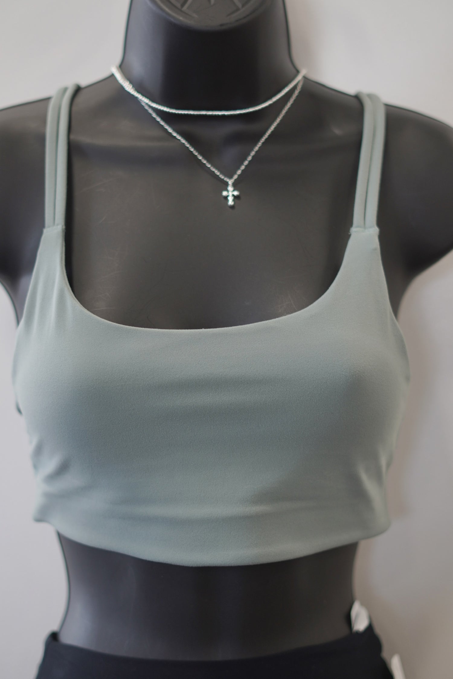 fennel color sport bra, scoop neckline, dig-free straps. 
