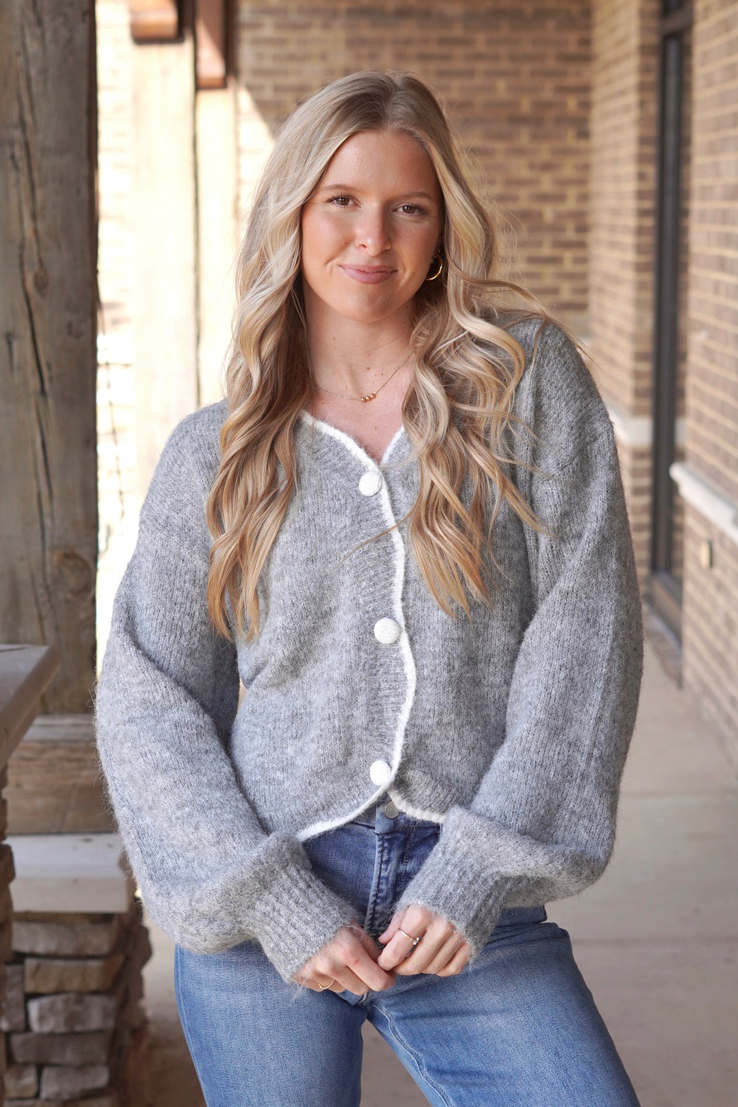 Kori Grey Wool Cardigan, Button Down, Scallop Edge, Wool, Color: Grey, Relaxed Fit, Cropped