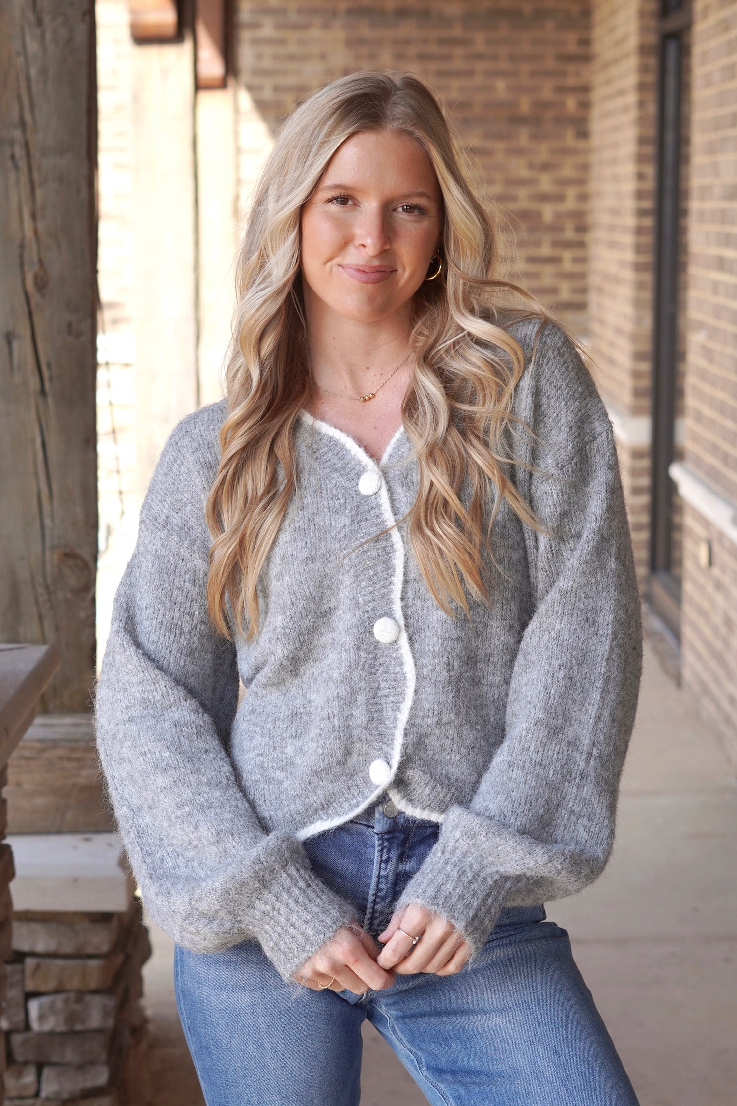 Kori Grey Wool Cardigan, Button Down, Scallop Edge, Wool, Color: Grey, Relaxed Fit, Cropped