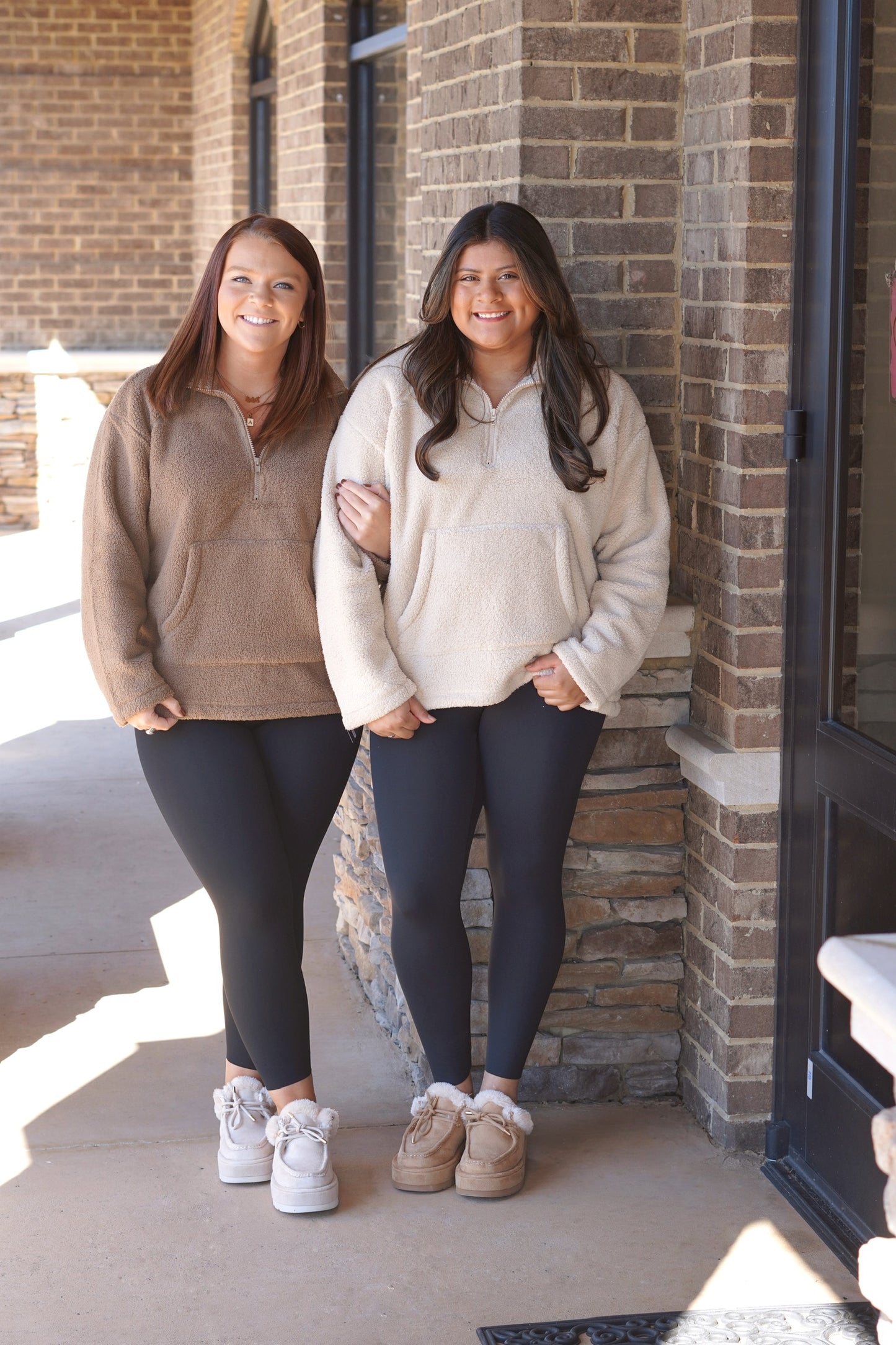 Fleece Half Zip Pullover, Collar Neckline, Long Sleeves, Sherpa, Full Length, Pocket, Natural, Mocha and Natural 