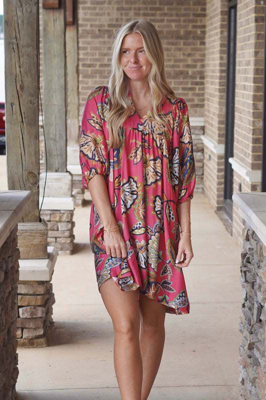 Penelope Printed Pink Dress, V-Neckline, Quarter Length Sleeve, Mid Thigh Length, Color: Pink Mix, Flowy.