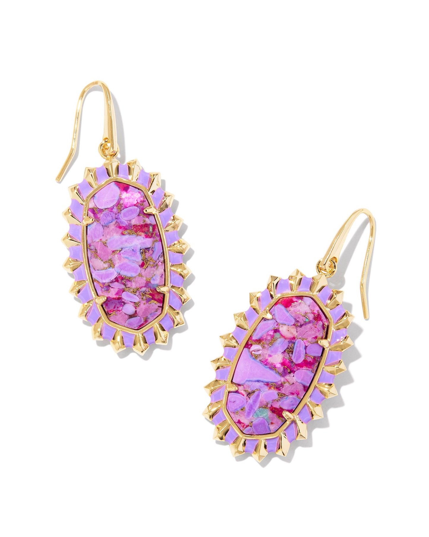 gold earrings with violet color burst oval shaped stone and gold burst detailing 