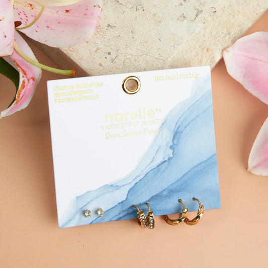 Gold Pave Hoop Earring Trio, crystal stud, crystal hoop, and gold hoop