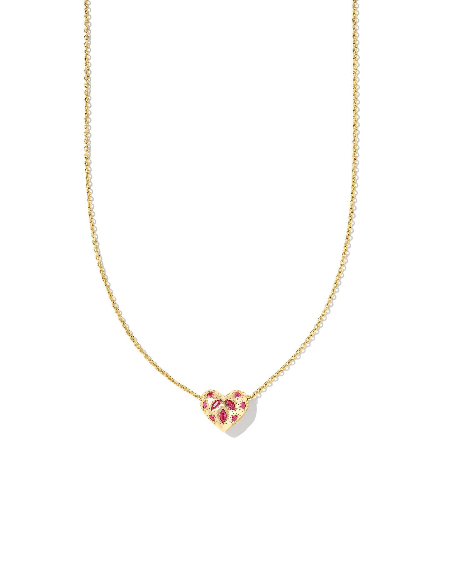 Gold chain with heart pendant with pink crystals on the pendant.
Metal-14K Gold Over Brass
Closure-Lobster Clasp with Single Adjustable Slider Bead
Size- 19' CHAIN, 0.53"L X 0.46"W PENDANT