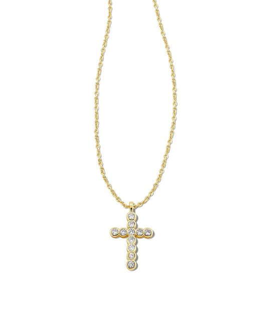 A delicate symbol with subtle shine, the Cross Gold Pendant Necklace in White Crystal is a meaningful reminder of what matters to you most.  Dimensions- 19' CHAIN, 0.5'L X 0.83'W PENDANT Metal- 14k Yellow Gold Over Brass Closure- Lobster Clasp With Single Adjustable Slider Bead