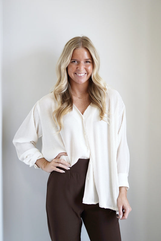 Sage Satin Pleated Button Up Top Collar Neckline Pleated Material Colors/ Green, Cream, Black Full length Fit Button Up